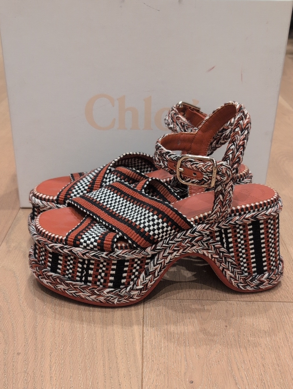 Chloe Woven Platform Sandals in Terracotta, Black & White